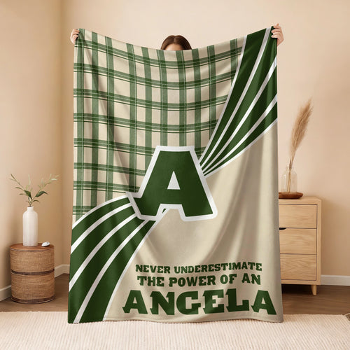 Never Underestimate Your Name Green & Cream Plaid Fleece Blanket ANGELA 13K1 BK50