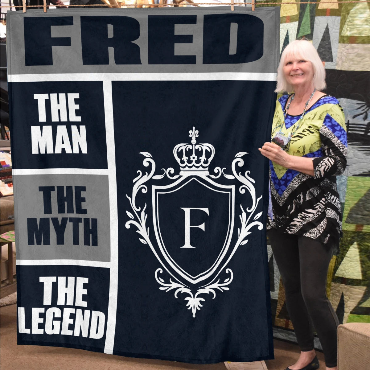 The Man The Myth The Legend Navy Gray & Gold Fleece Blanket  FRED 13K1 BK09