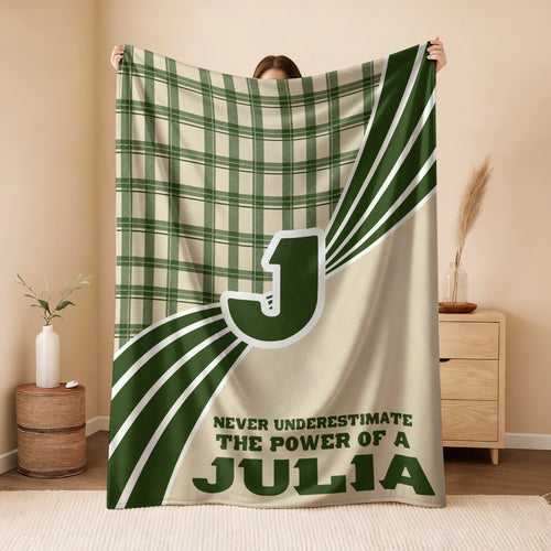 Never Underestimate Your Name Green & Cream Plaid Fleece Blanket JULIA 13K1 BK50