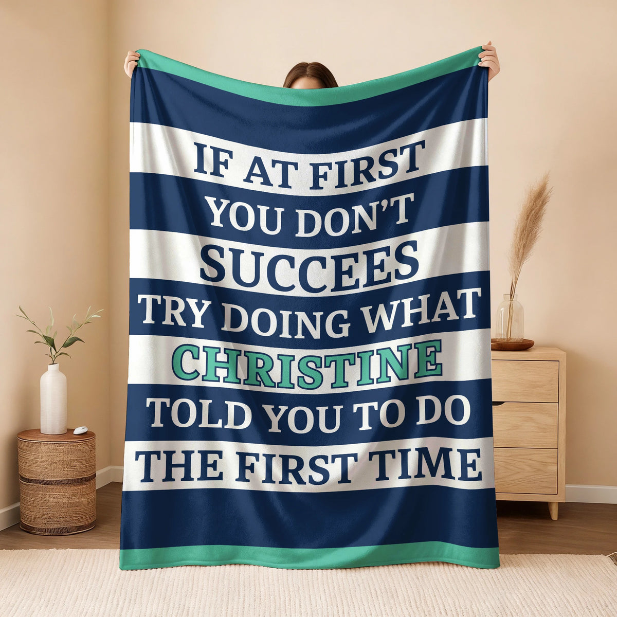 If At First You Don't Succeed Blue & White Striped Fleece Blanket CHRISTINE 13K1 BK55