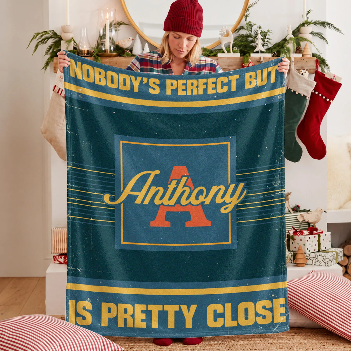 Nobody's Perfect But Your Name Is Close Vintage Blue & Brown Fleece Blanket ANTHONY 13K1 BK54