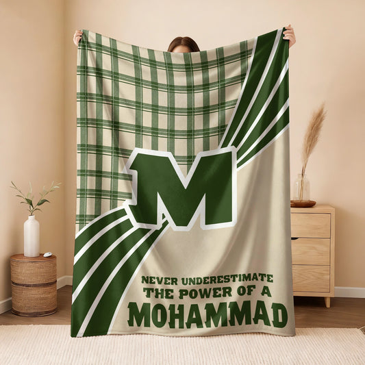 Never Underestimate Your Name Green & Cream Plaid Fleece Blanket MOHAMMAD 13K1 BK50