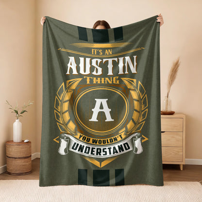 It's A Your Name Thing Olive Green Logo Fleece Blanket AUSTIN 13K1 BK31