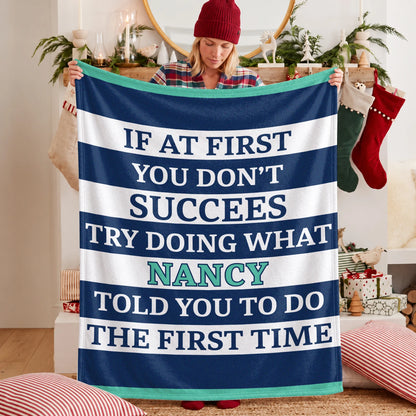 If At First You Don't Succeed Blue & White Striped Fleece Blanket NANCY 13K1 BK55