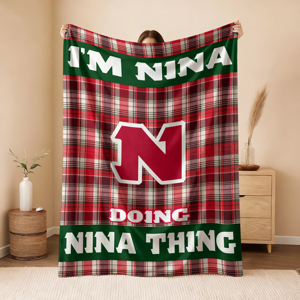 I'm Name Doing Name Things Red Plaid Fleece Blanket NINA 13K1 BK49