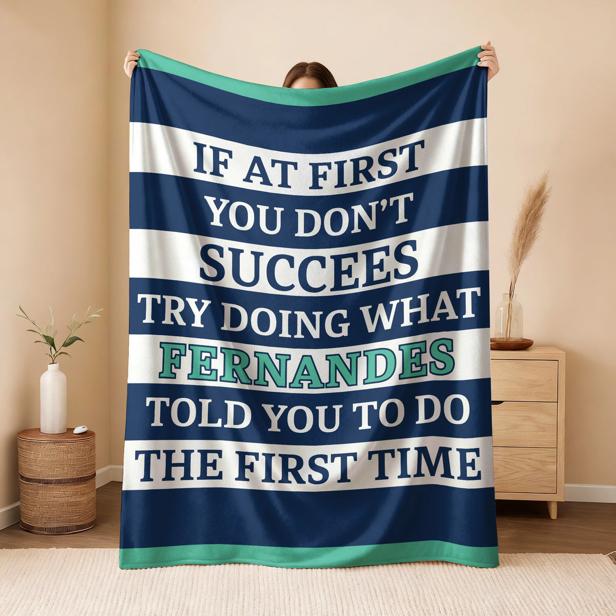 If At First You Don't Succeed Blue & White Striped Fleece Blanket FERNANDES 13K1 BK55