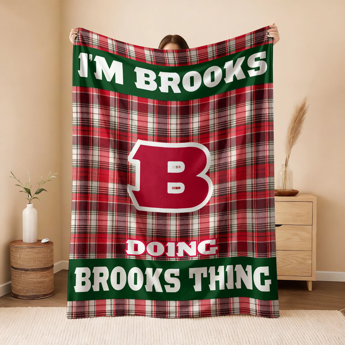 I'm Name Doing Name Things Red Plaid Fleece Blanket BROOKS 13K1 BK49