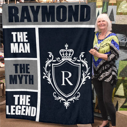 The Man The Myth The Legend Navy Gray & Gold Fleece Blanket  RAYMOND 13K1 BK09