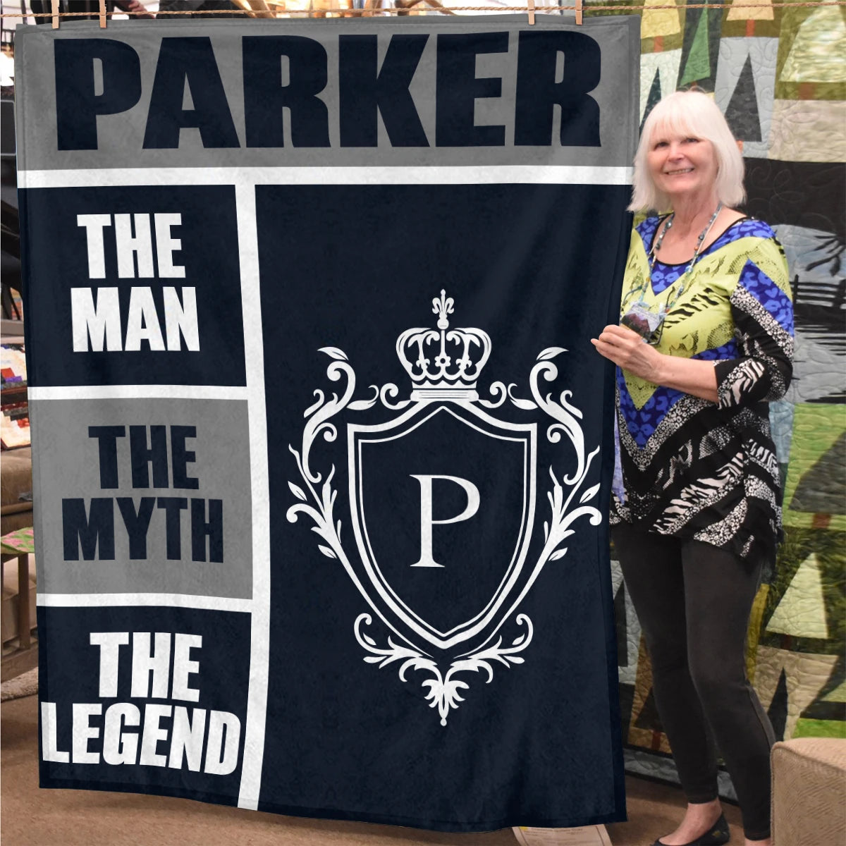 The Man The Myth The Legend Navy Gray & Gold Fleece Blanket  PARKER 13K1 BK09