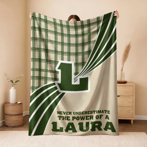 Never Underestimate Your Name Green & Cream Plaid Fleece Blanket LAURA 13K1 BK50