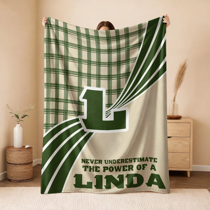 Never Underestimate Your Name Green & Cream Plaid Fleece Blanket LINDA 13K1 BK50