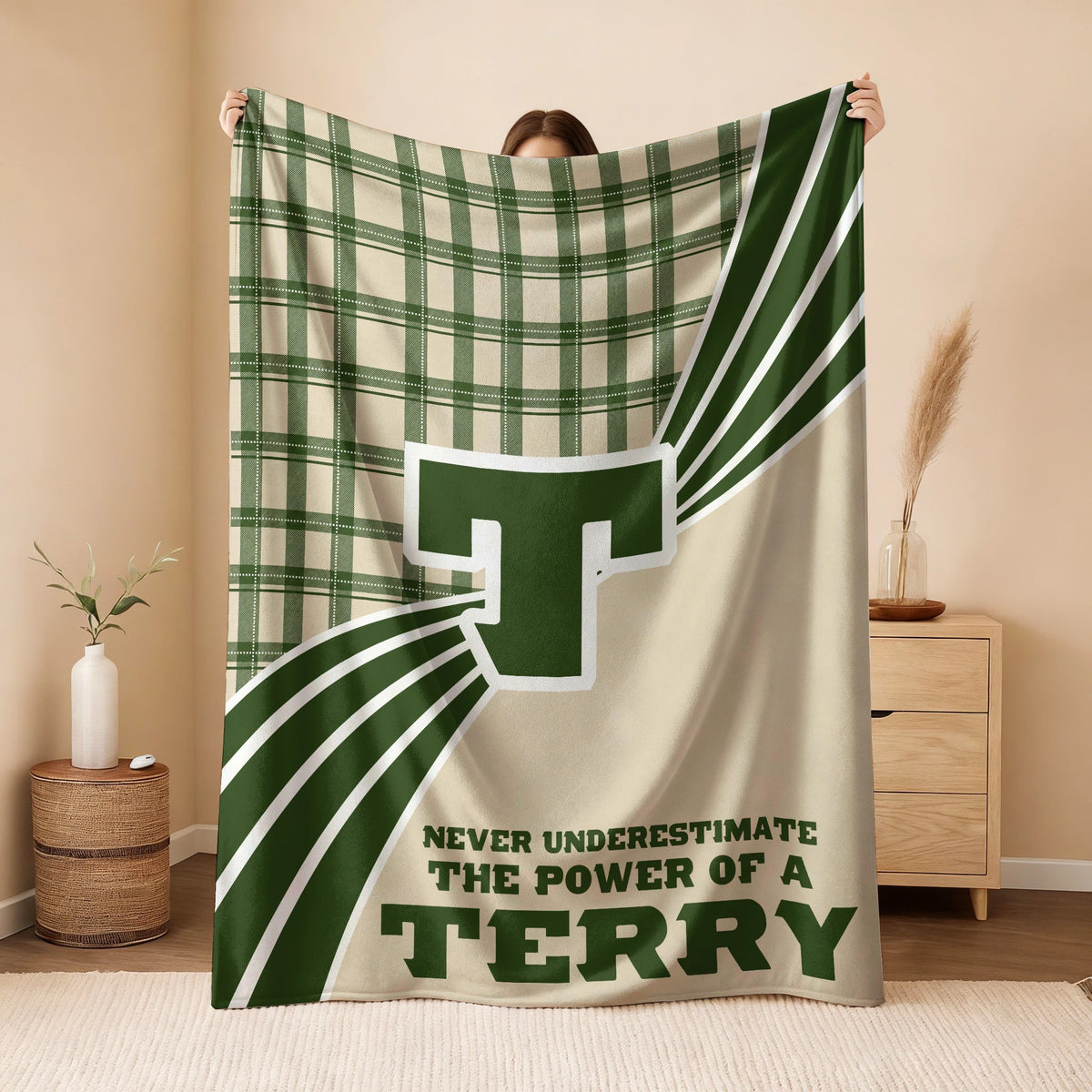 Never Underestimate Your Name Green & Cream Plaid Fleece Blanket TERRY 13K1 BK50