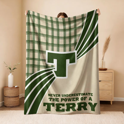 Never Underestimate Your Name Green & Cream Plaid Fleece Blanket TERRY 13K1 BK50