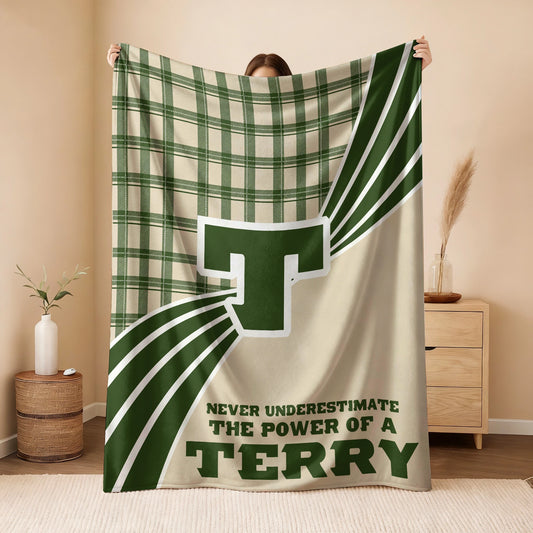Never Underestimate Your Name Green & Cream Plaid Fleece Blanket TERRY 13K1 BK50