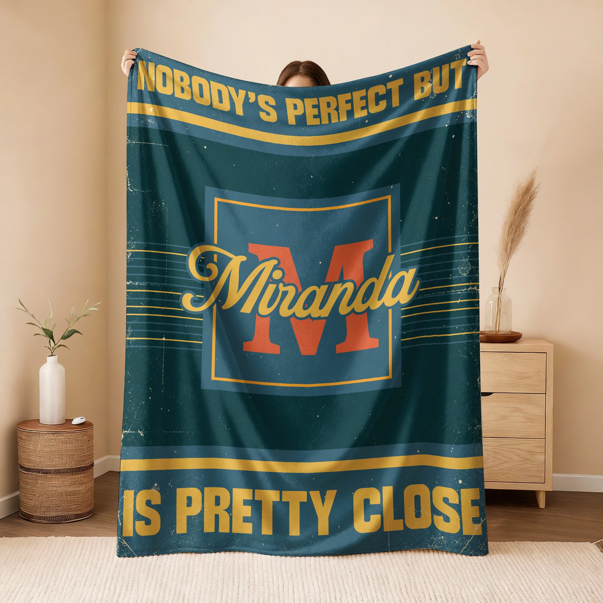 Nobody's Perfect But Your Name Is Close Vintage Blue & Brown Fleece Blanket MIRANDA 13K1 BK54