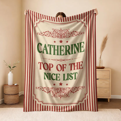 Your Name Nice List Red Striped Christmas Fleece Blanket CATHERINE 13K1 BK60