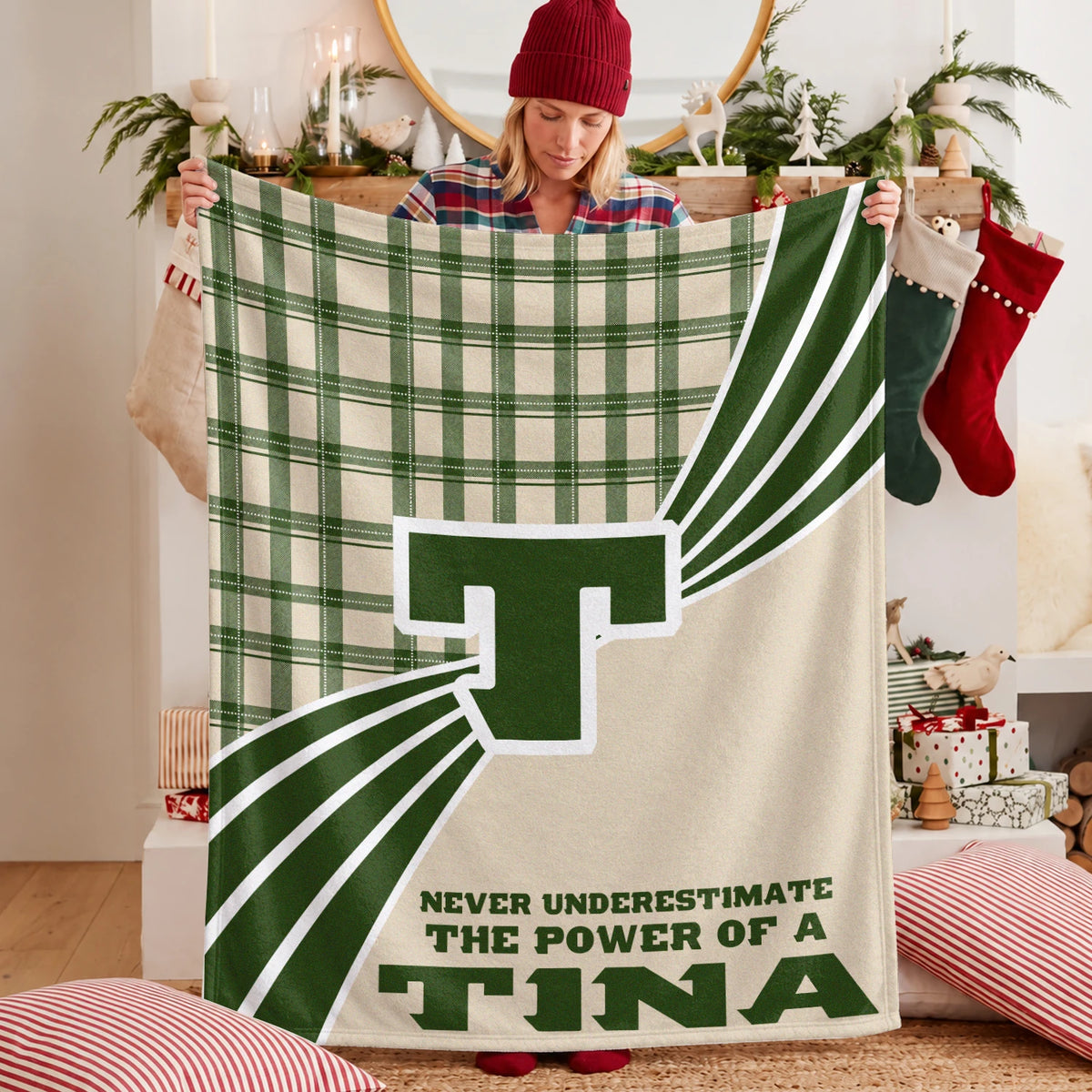 Never Underestimate Your Name Green & Cream Plaid Fleece Blanket TINA 13K1 BK50