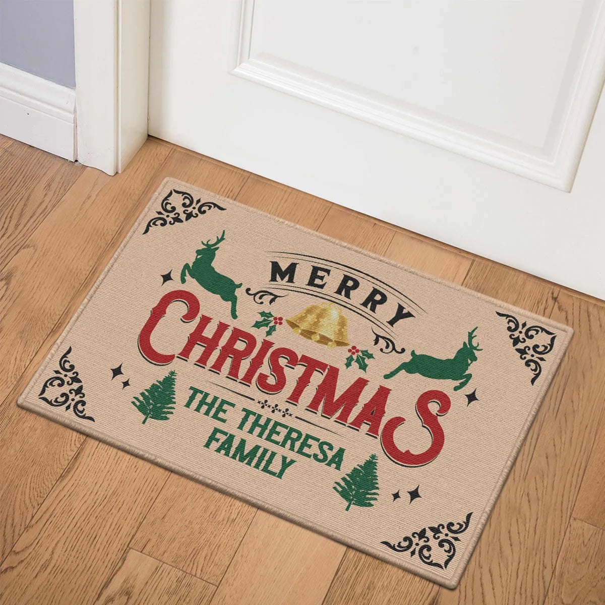 THERESA Family Merry Christmas Doormat – Personalized Holiday Welcome Mat