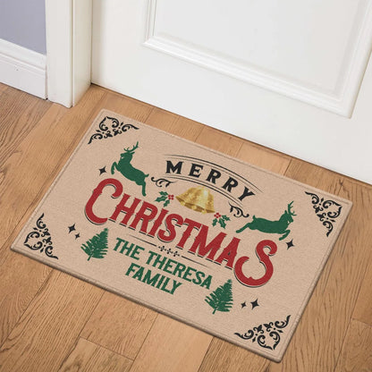 THERESA Family Merry Christmas Doormat – Personalized Holiday Welcome Mat