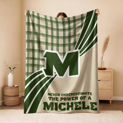 Never Underestimate Your Name Green & Cream Plaid Fleece Blanket MICHELE 13K1 BK50