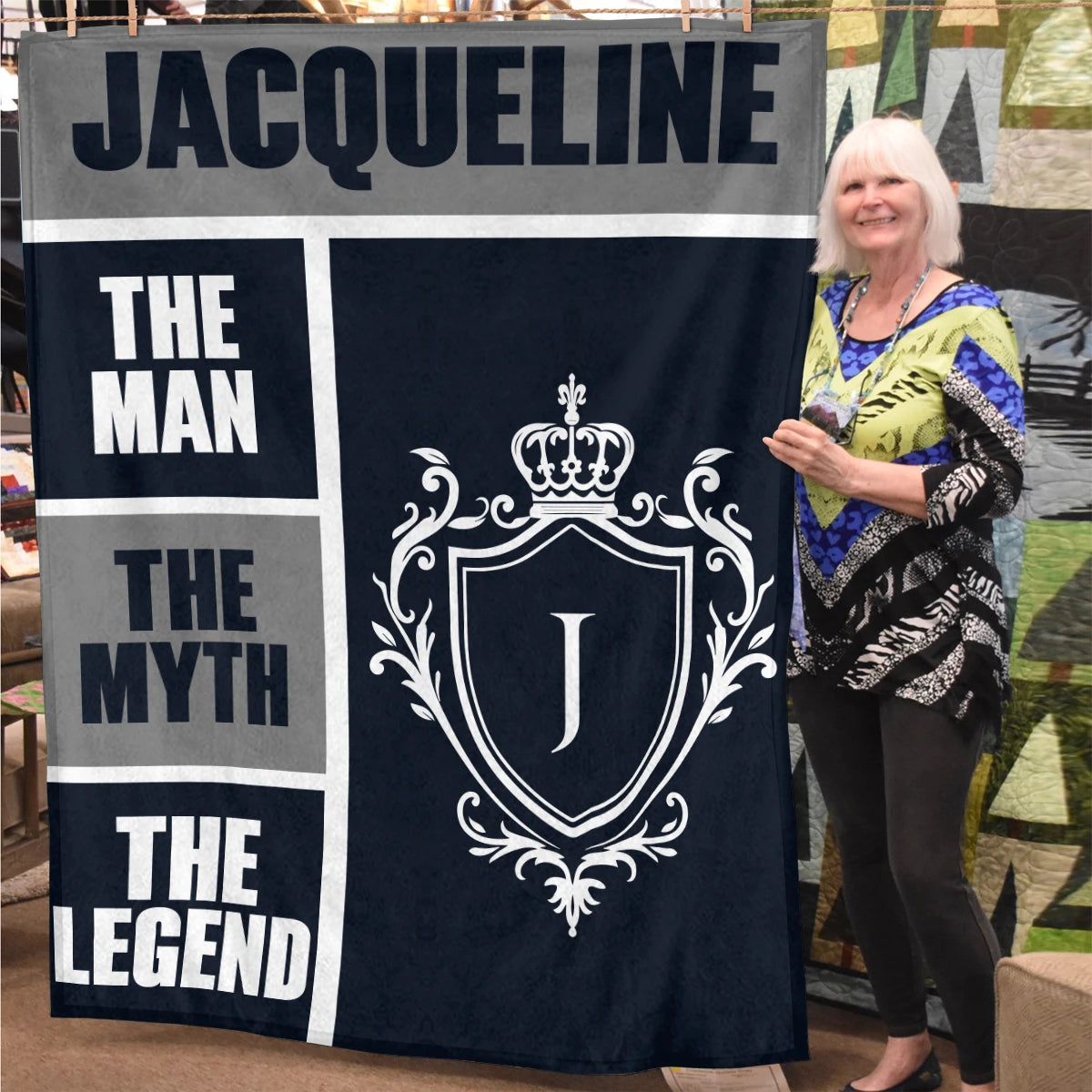 The Man The Myth The Legend Navy Gray & Gold Fleece Blanket  JACQUELINE 13K1 BK09