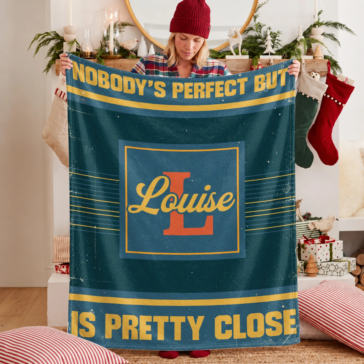 Nobody's Perfect But Your Name Is Close Vintage Blue & Brown Fleece Blanket LOUISE 13K1 BK54