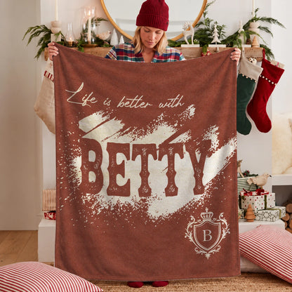 Life Is Better With Your Name Terracotta Cream Fleece Blanket BETTY 13K1 BK30