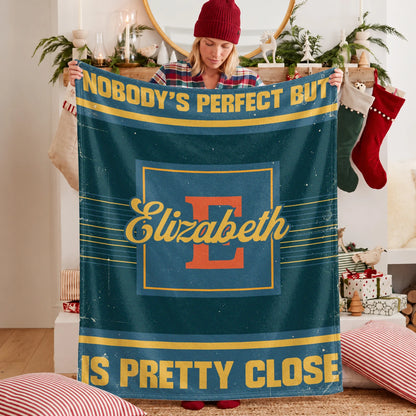Nobody's Perfect But Your Name Is Close Vintage Blue & Brown Fleece Blanket ELIZABETH 13K1 BK54