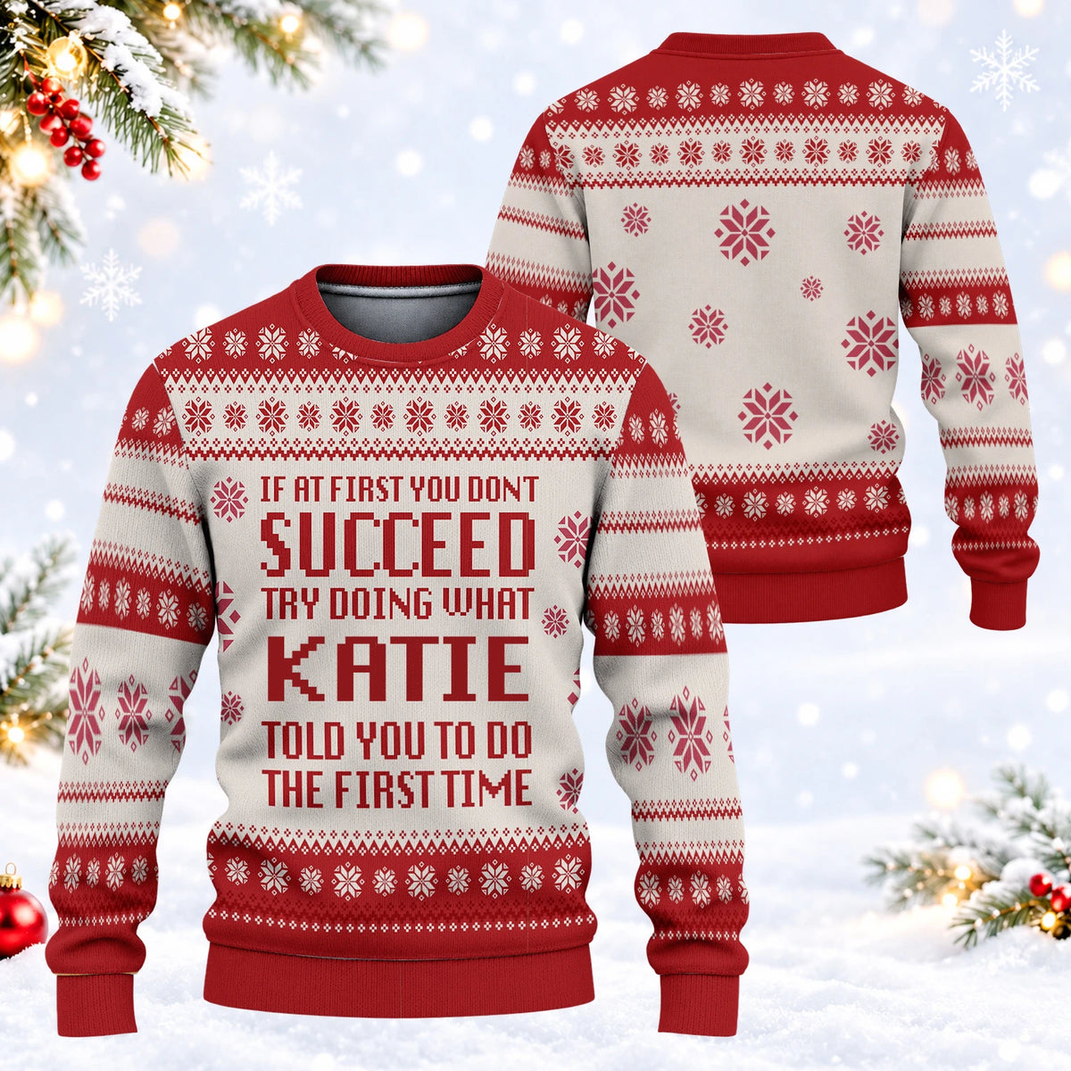 If At First You Don’t Succeed Red Cream Christmas Ugly Sweater KATIE 13K1 UG08