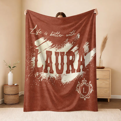 Life Is Better With Your Name Terracotta Cream Fleece Blanket LAURA 13K1 BK30