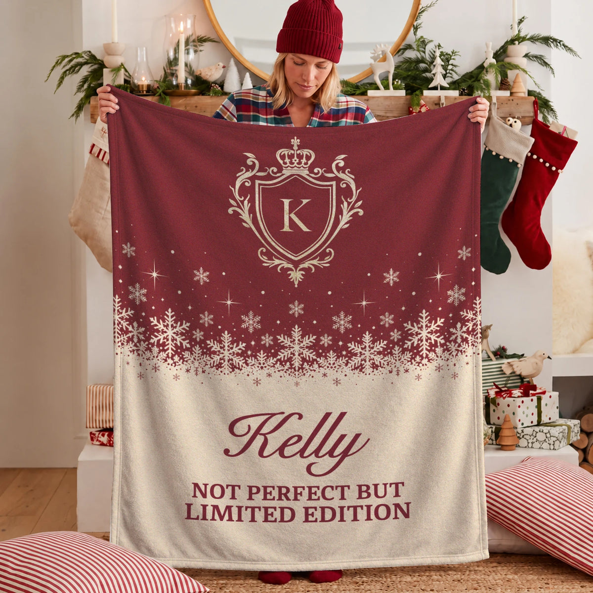 Not Perfect But Limited Edition Red Cream Christmas Fleece Blanket KELLY 13K1 BK34