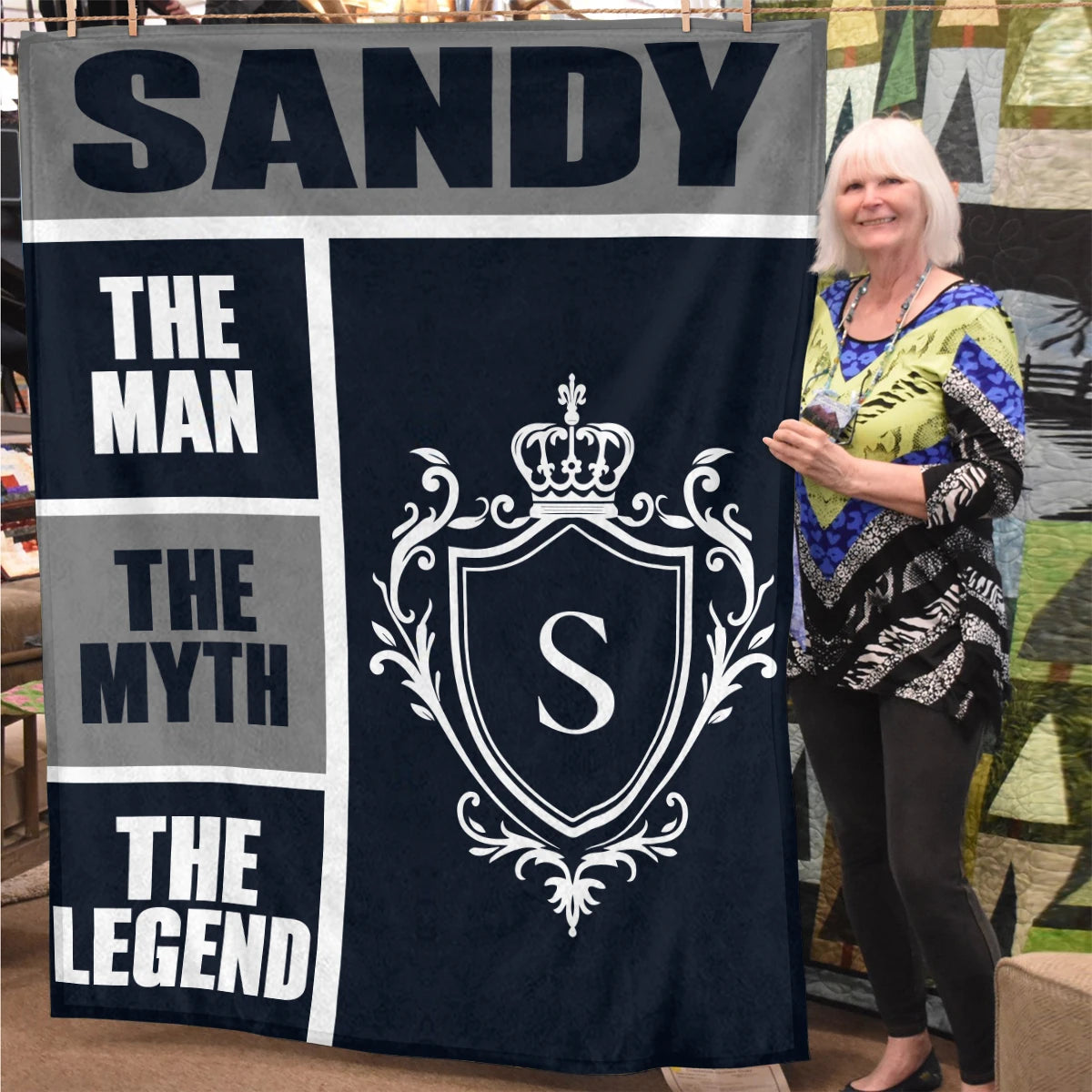 The Man The Myth The Legend Navy Gray & Gold Fleece Blanket  SANDY 13K1 BK09