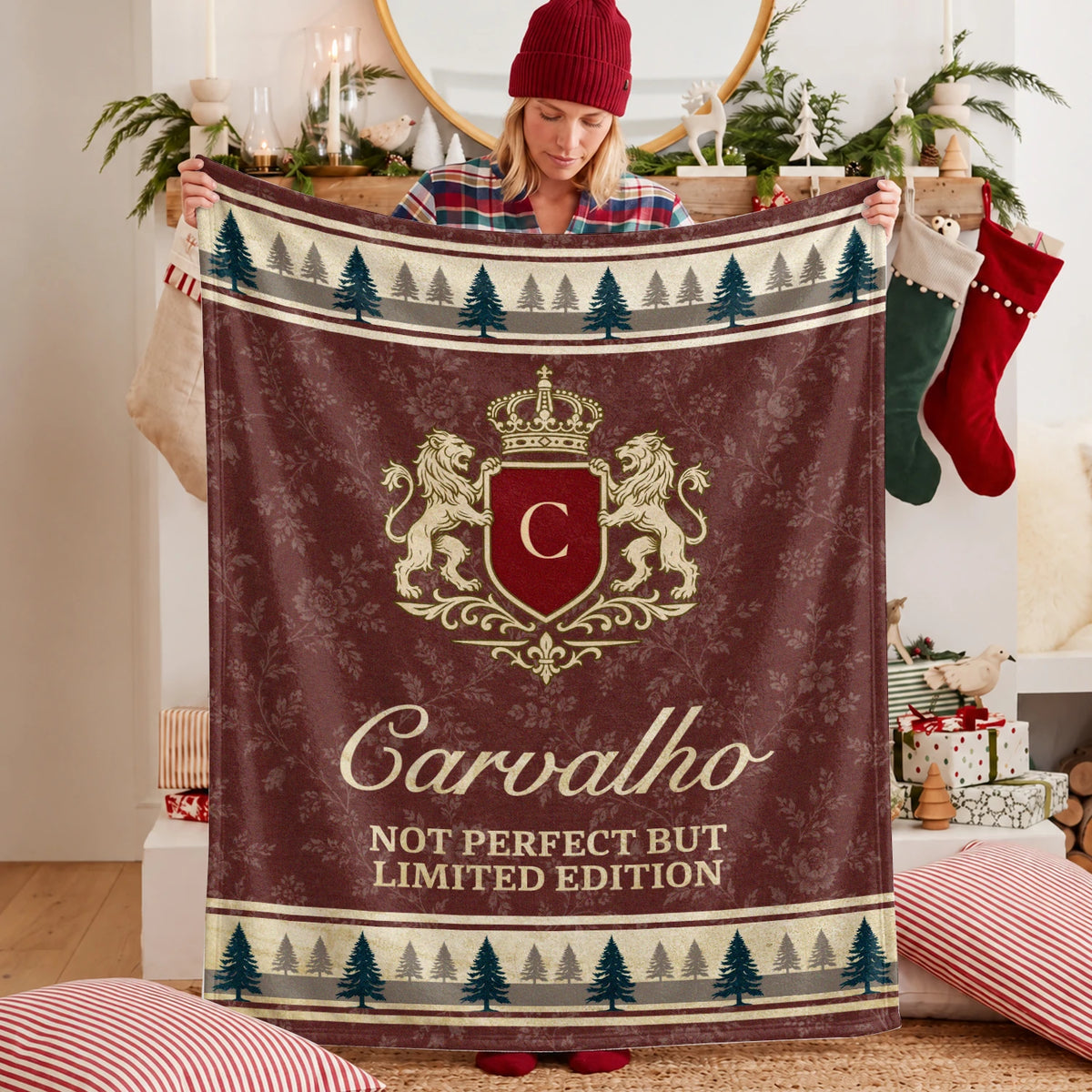 Not Perfect But Limited Edition Burgundy Pine Tree Fleece Blanket CARVALHO 13K1 BK41