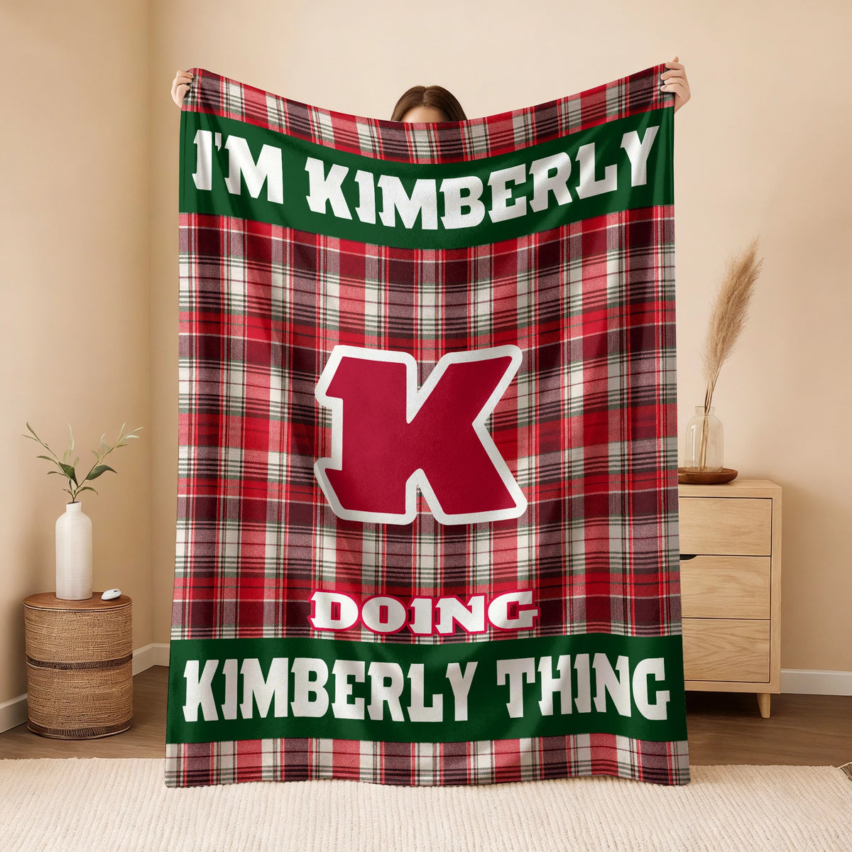 I'm Name Doing Name Things Red Plaid Fleece Blanket KIMBERLY 13K1 BK49