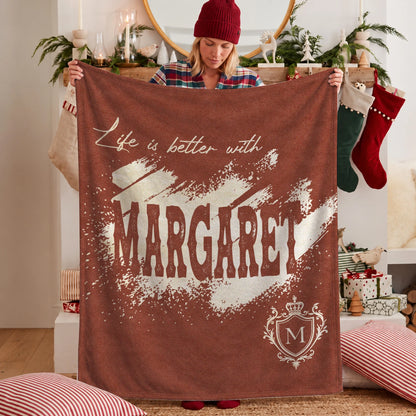 Life Is Better With Your Name Terracotta Cream Fleece Blanket MARGARET 13K1 BK30
