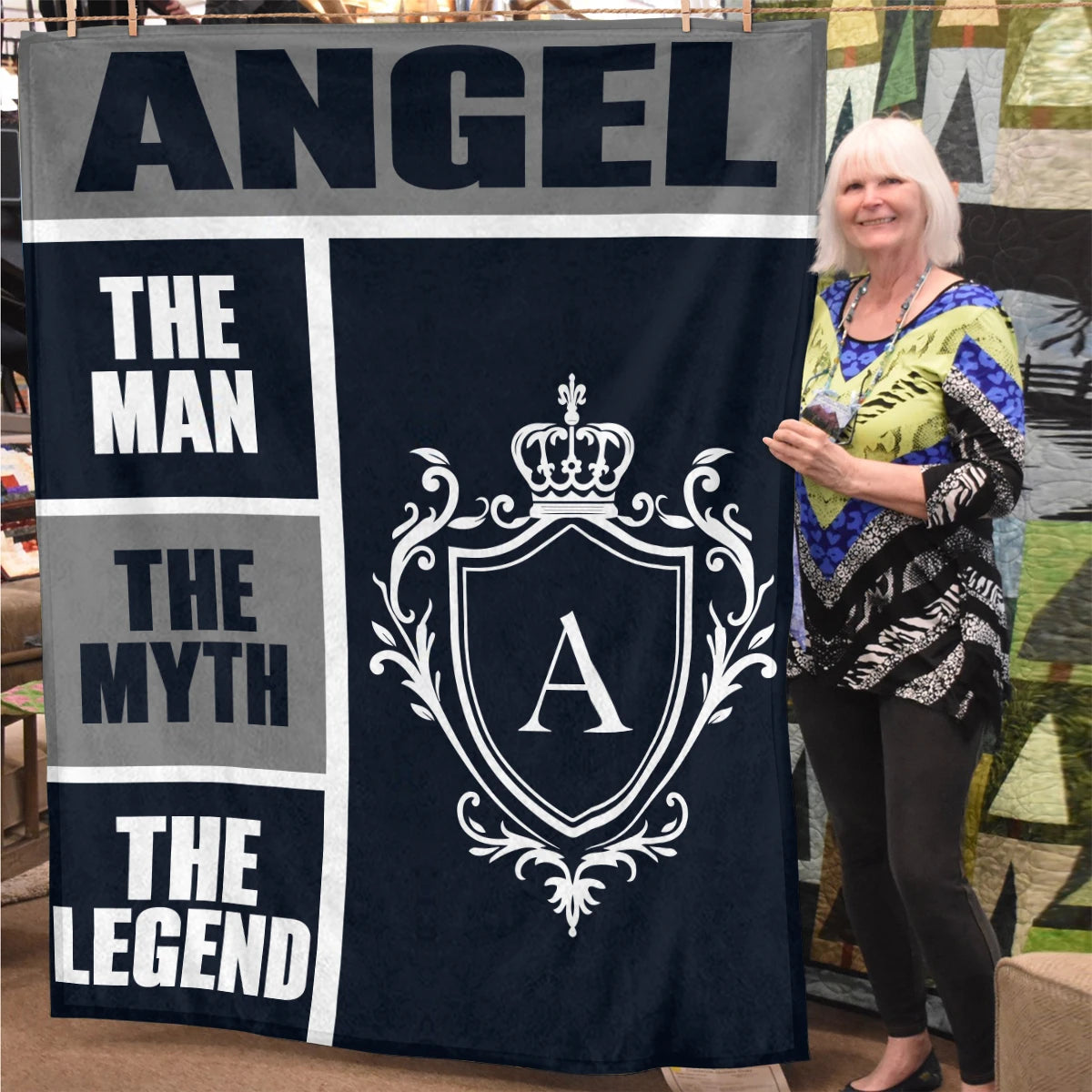 The Man The Myth The Legend Navy Gray & Gold Fleece Blanket  ANGEL 13K1 BK09