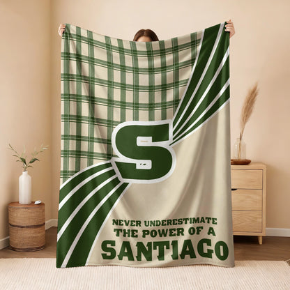 Never Underestimate Your Name Green & Cream Plaid Fleece Blanket SANTIAGO 13K1 BK50