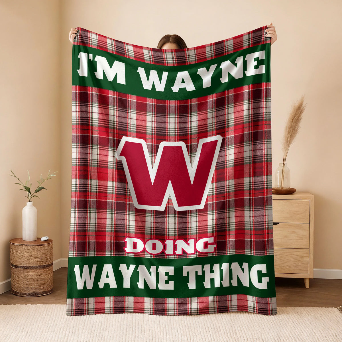 I'm Name Doing Name Things Red Plaid Fleece Blanket WAYNE 13K1 BK49