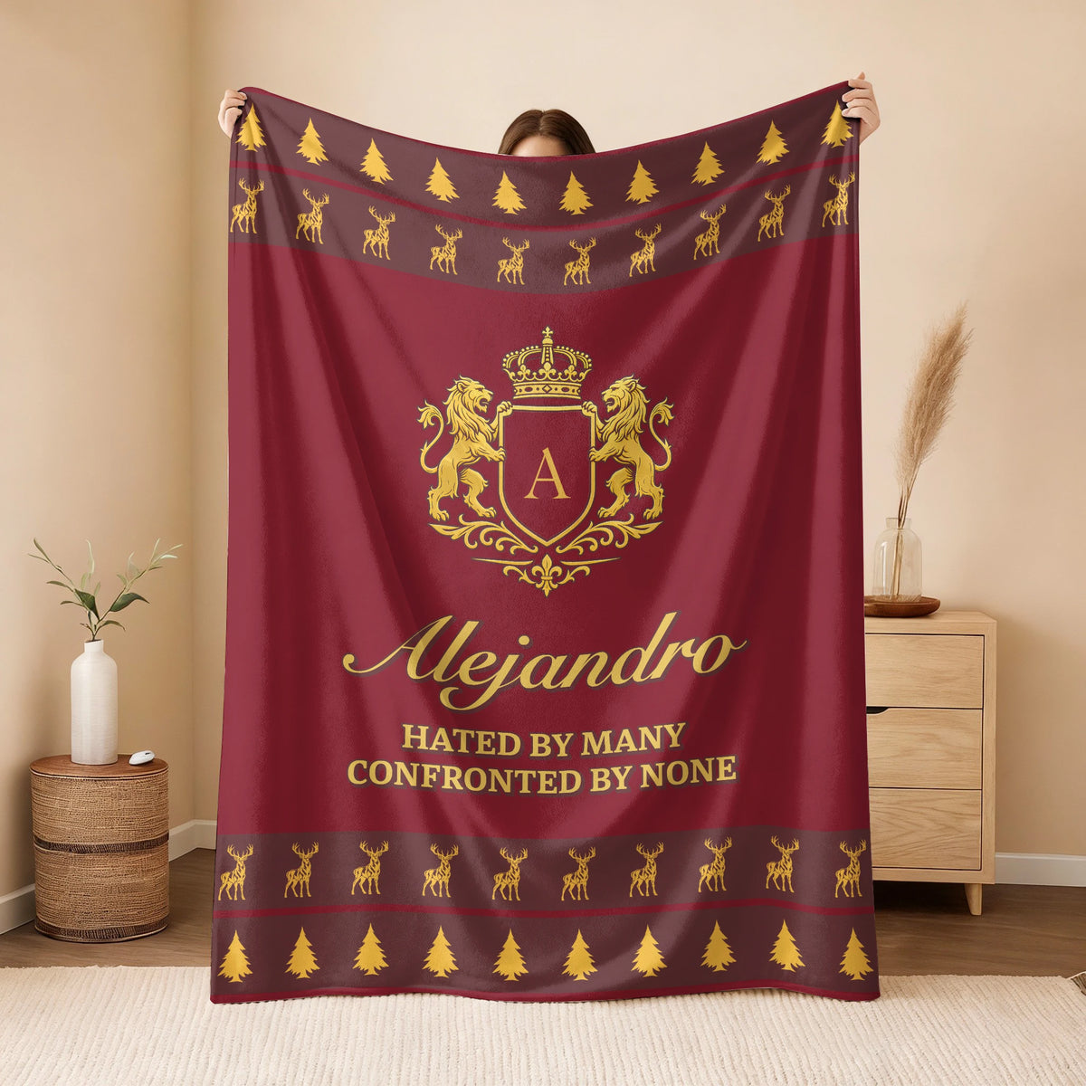 Hated By Many Confronted By None Burgundy Gold Christmas Fleece Blanket ALEJANDRO 13K1 BK33