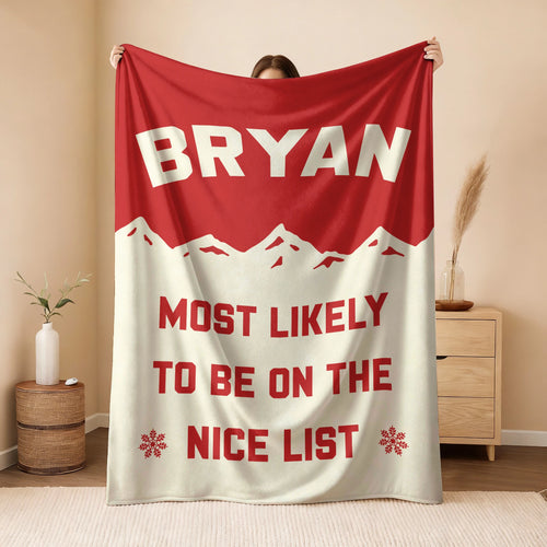 Most Likely on the Nice List Red Vintage Christmas Fleece Blanket BRYAN 13K1 BK63