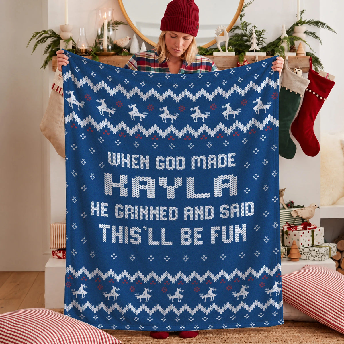 When God Made Your Name Navy Fleece Blanket KAYLA 13K1 BK32