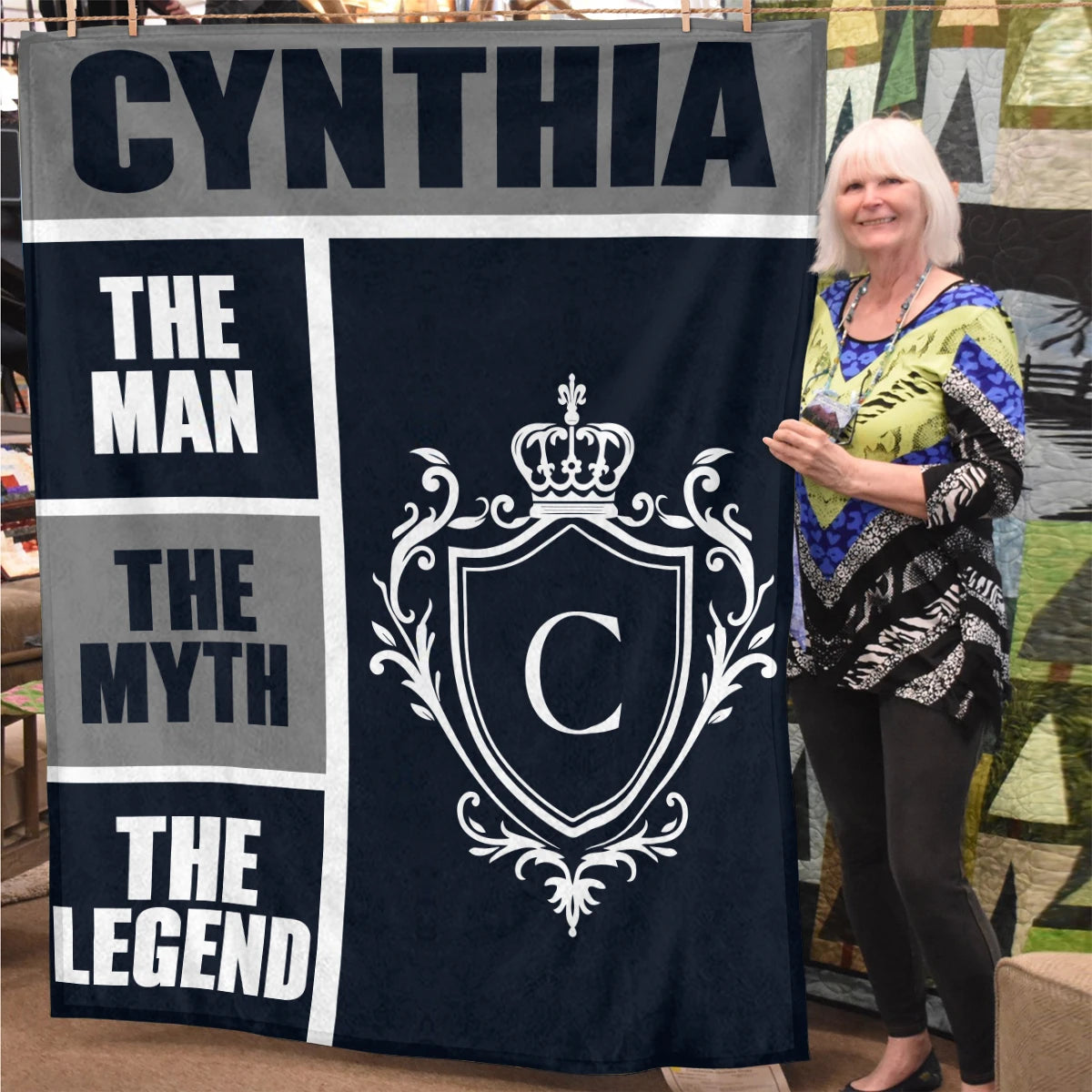 The Man The Myth The Legend Navy Gray & Gold Fleece Blanket  CYNTHIA 13K1 BK09