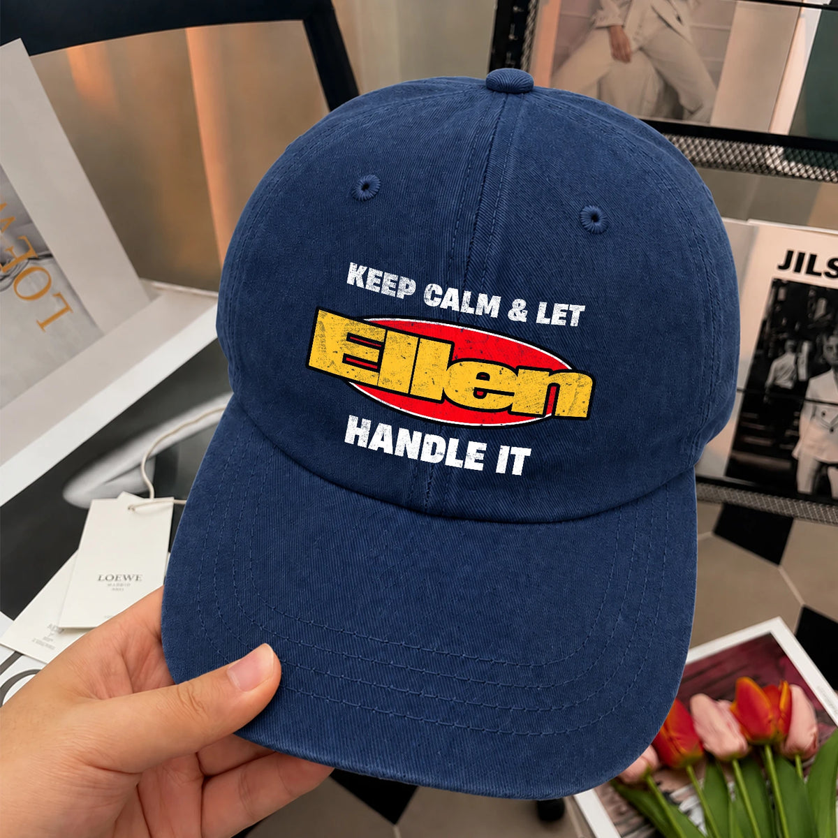 Keep Calm & Let Your Name Handle It Yellow And Red Logo Washed Cap ELLEN 13K1 C172PF