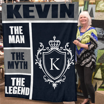 The Man The Myth The Legend Navy Gray & Gold Fleece Blanket  KEVIN 13K1 BK09