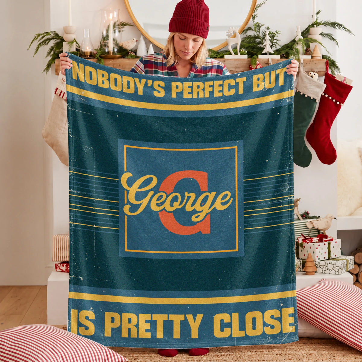 Nobody's Perfect But Your Name Is Close Vintage Blue & Brown Fleece Blanket GEORGE 13K1 BK54