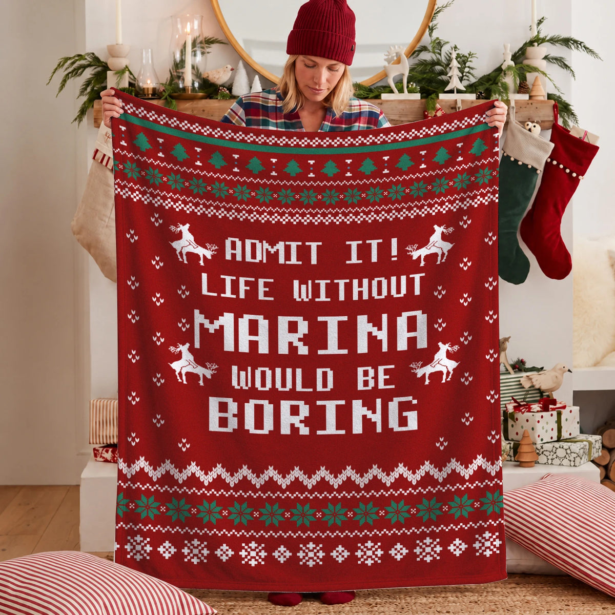 Life Without Your Name Would Be Boring Deer Red Christmas Blanket MARINA 13K1 BK25