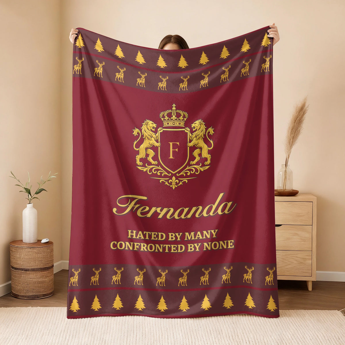 Hated By Many Confronted By None Burgundy Gold Christmas Fleece Blanket FERNANDA 13K1 BK33