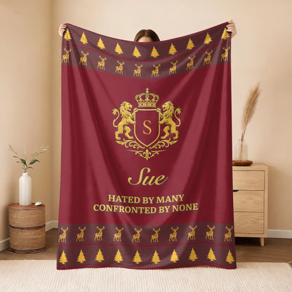 Hated By Many Confronted By None Burgundy Gold Christmas Fleece Blanket SUE 13K1 BK33