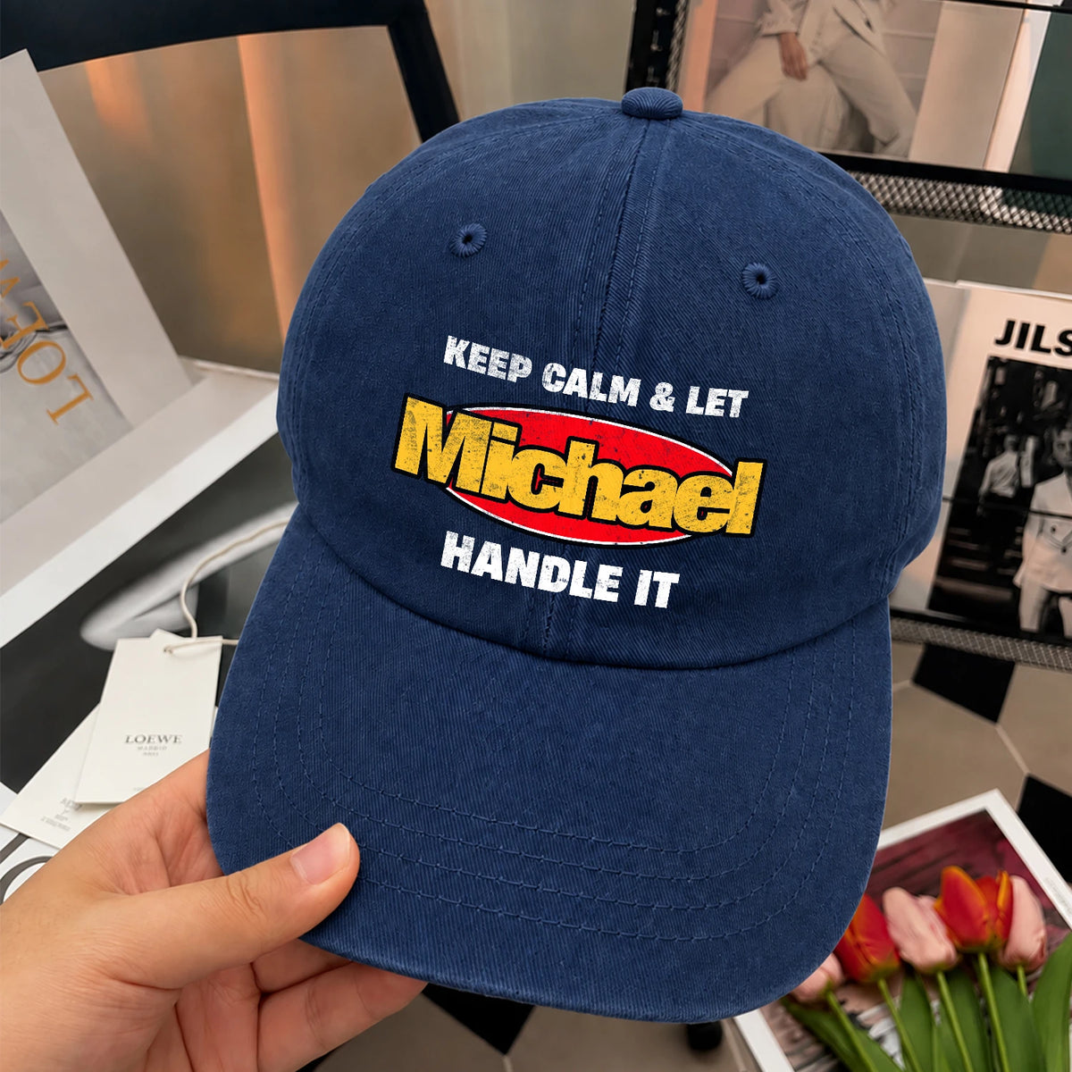 Keep Calm & Let Your Name Handle It Yellow And Red Logo Washed Cap MICHAEL 13K1 C172PF