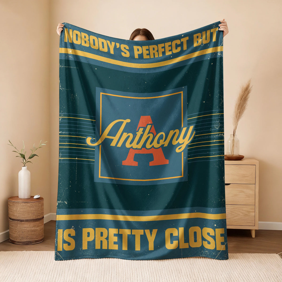 Nobody's Perfect But Your Name Is Close Vintage Blue & Brown Fleece Blanket ANTHONY 13K1 BK54